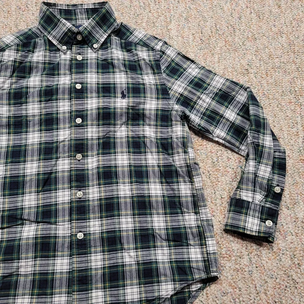 Ralph Lauren Shirt Boy Medium 10-12 Green Navy White Plaid OCBD Button Down Prep